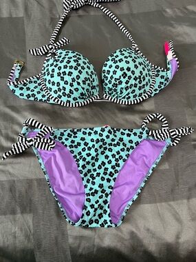 Victoria's Secret Mint Floral Bikini with Black & White Striped Trim